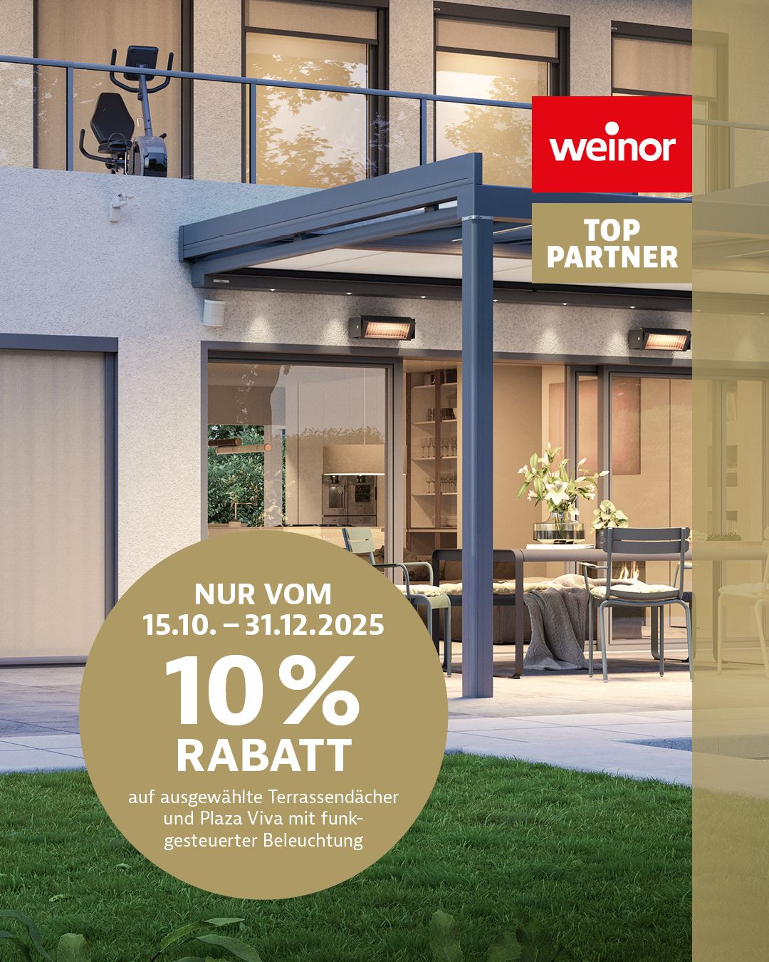 Modernes Terrassendach mit Möbeln und Pflanzen, Rabattaktion für weinor Terrassendächer.